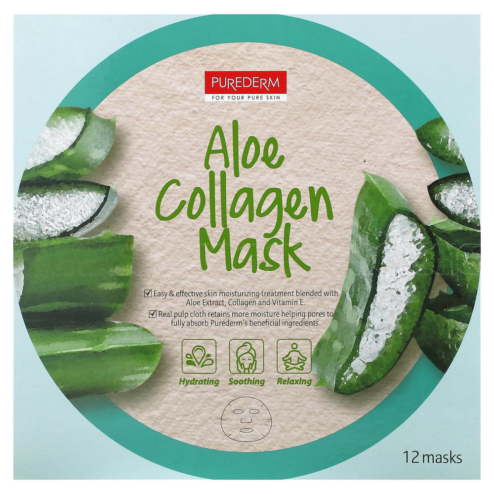 Purederm, Косметическая маска с алоэ и коллагеном, 12 шт., 18 г (0,63 унции)