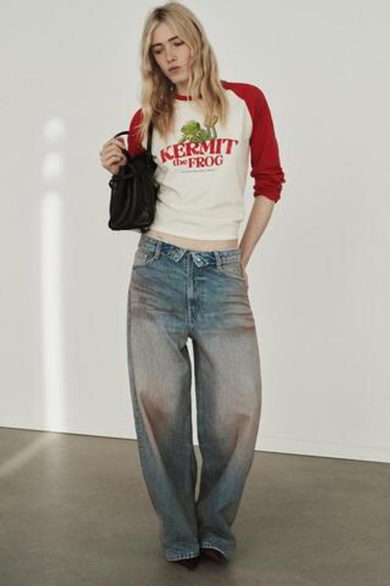 ZARA ДЖИНСЫ TRF СО СРЕДНЕЙ ПОСАДКОЙ И ОТВОРОТОМ НА ПОЯСЕ, СЕРО-СИНИЙ