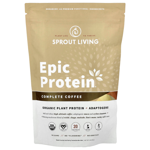 Sprout Living, Epic Protein®, органический растительный белок с адаптогенами, полноценный кофе, 456 г (1 фунт)