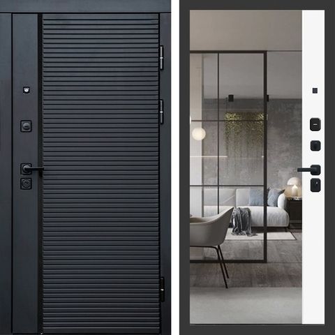 Входная металлическая дверь с зеркалом Brandoors Пиано 075 Зеркало 3D Белый софт (черная фурнитура)