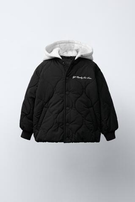 ZARA СТЕГАНЫЙ БОМБЕР С КАПЮШОНОМ WATER REPELLENT, ЧЕРНЫЙ
