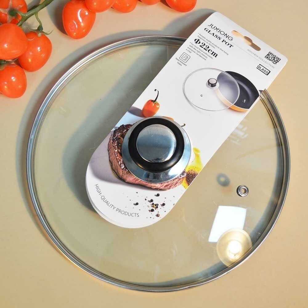 Крышка 22см стеклянная с ручкой, с металлическим ободком, Z010005