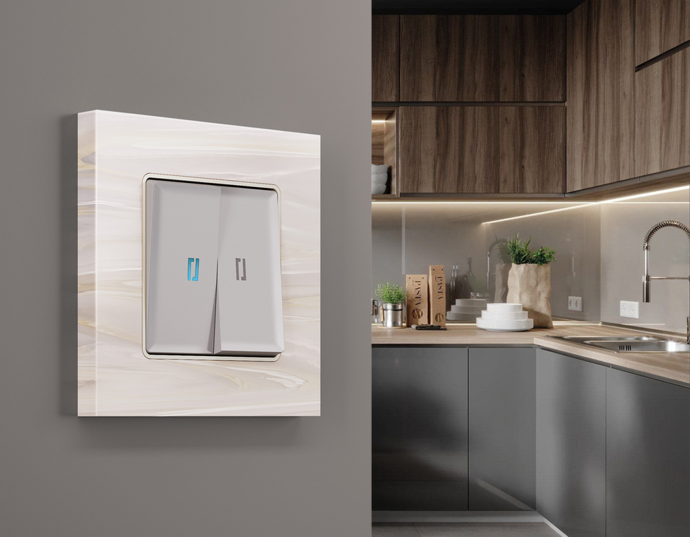 MA404040 Комплект механизма 2-кл проходного выключателя с подсветкой 10000K ALFA Серебро глянец QUANT (AP4040, VM120, G29B)