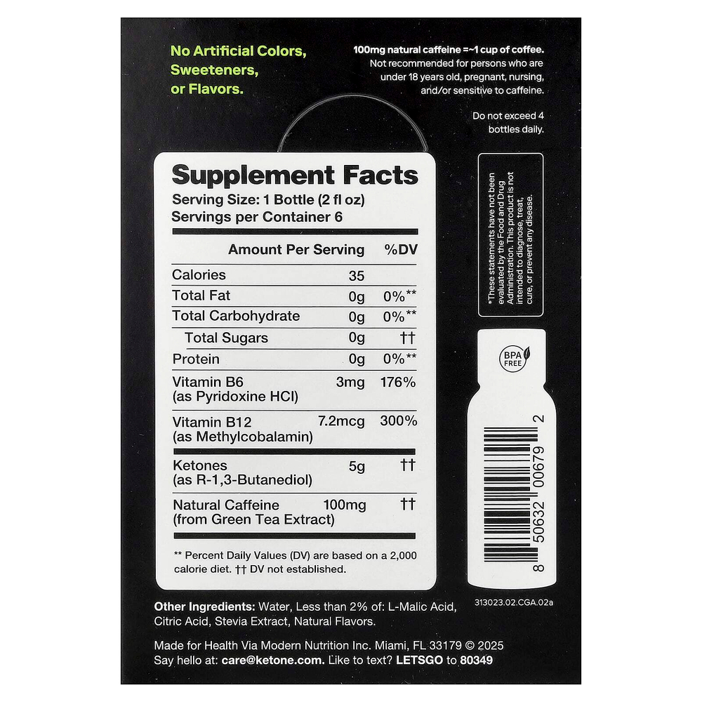 Ketone-IQ, Energy Shot, зеленое яблоко, 6 флаконов по 59 мл (2 жидк. унции)