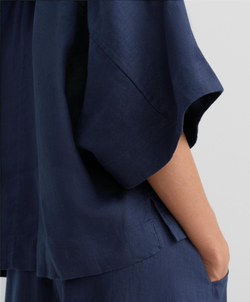 Oysho Рубашка свободного кроя с коротким рукавом из 100% льна, военно-морской