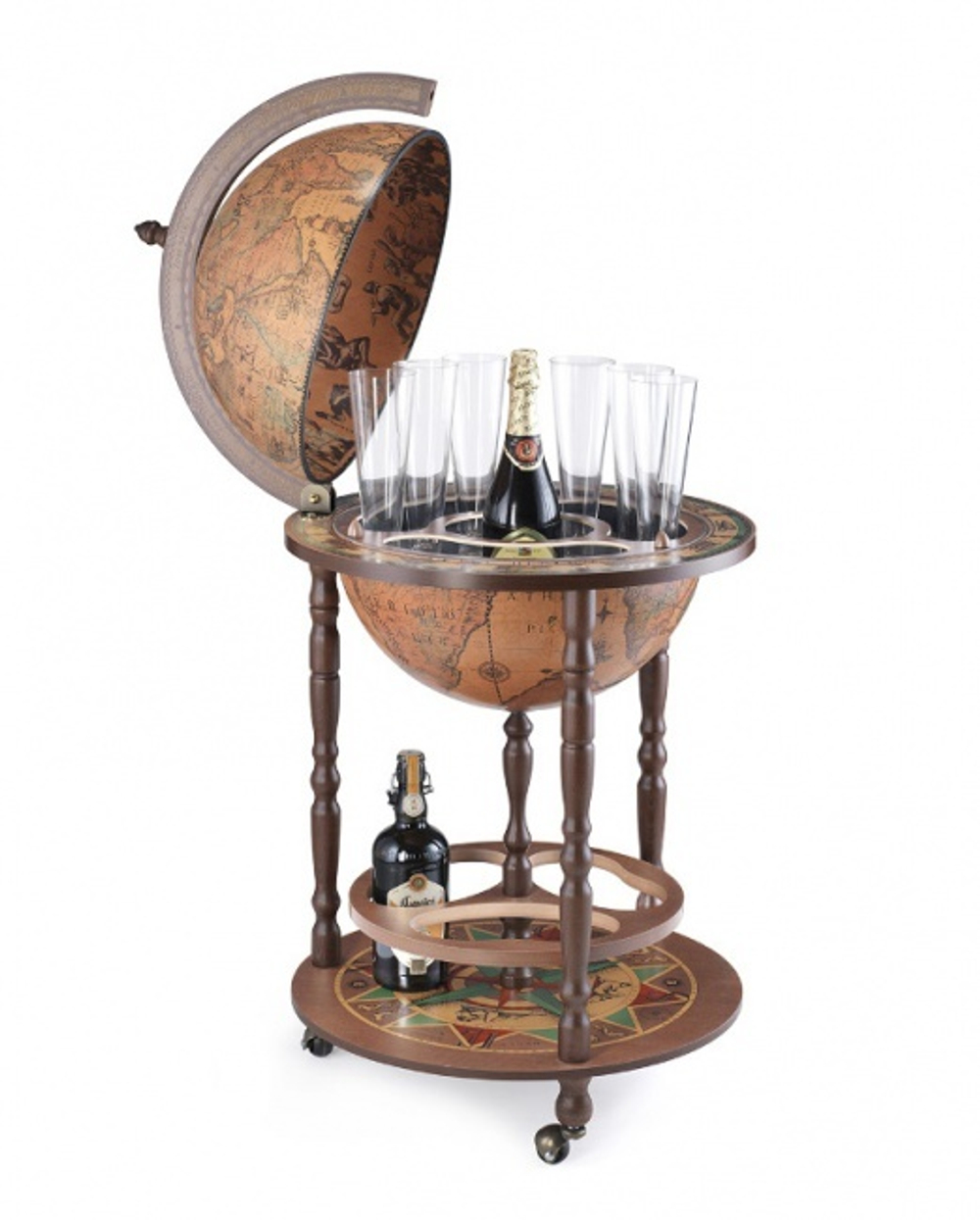 Глобус-бар напольный "Antique" с подставкой для бутылок (диам. сферы 40 см, цвет - классический коричневый, карта XVI век), Zoffoli, Италия