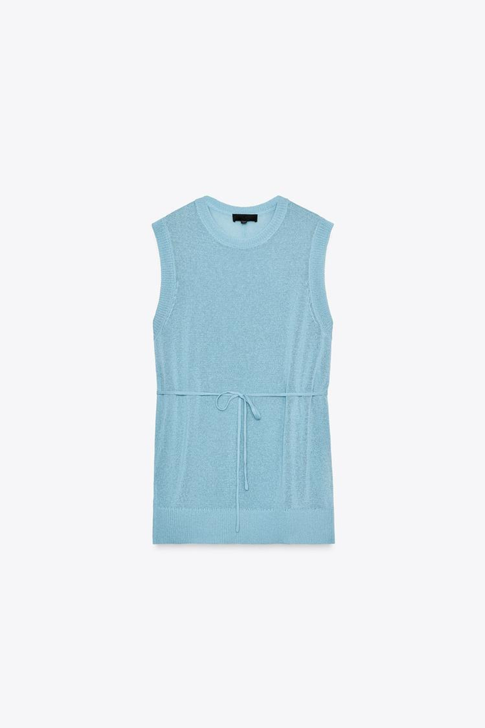 ZARA ДЛИННЫЙ ТРИКОТАЖНЫЙ ТОП С ПОЯСОМ, ГОЛУБОЙ