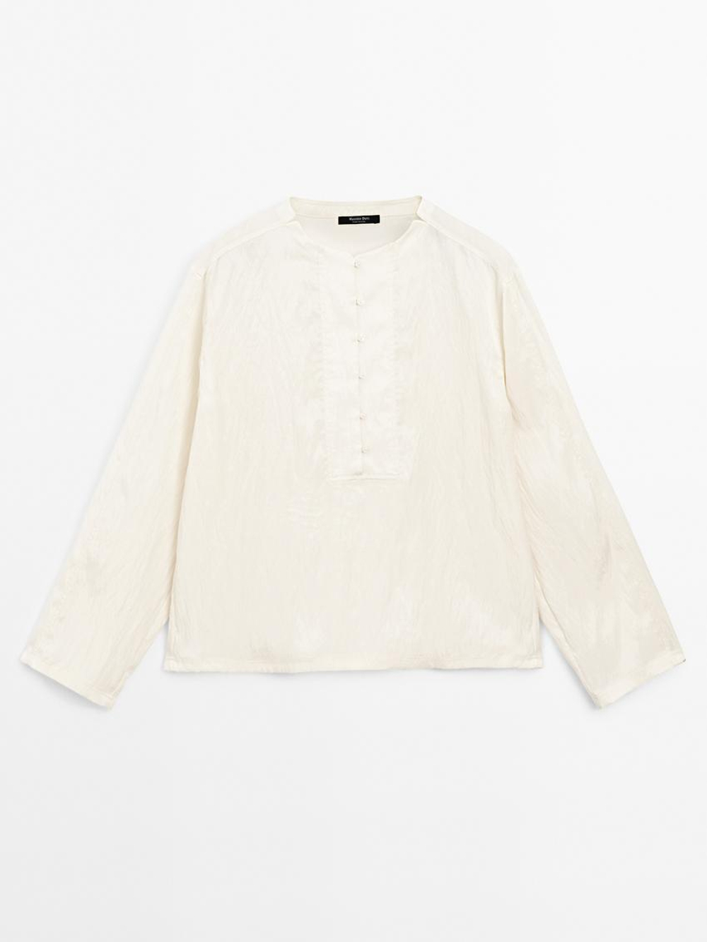 Massimo Dutti Рубашка из струящейся ткани с пуговицами на груди, натуральный, кремовый