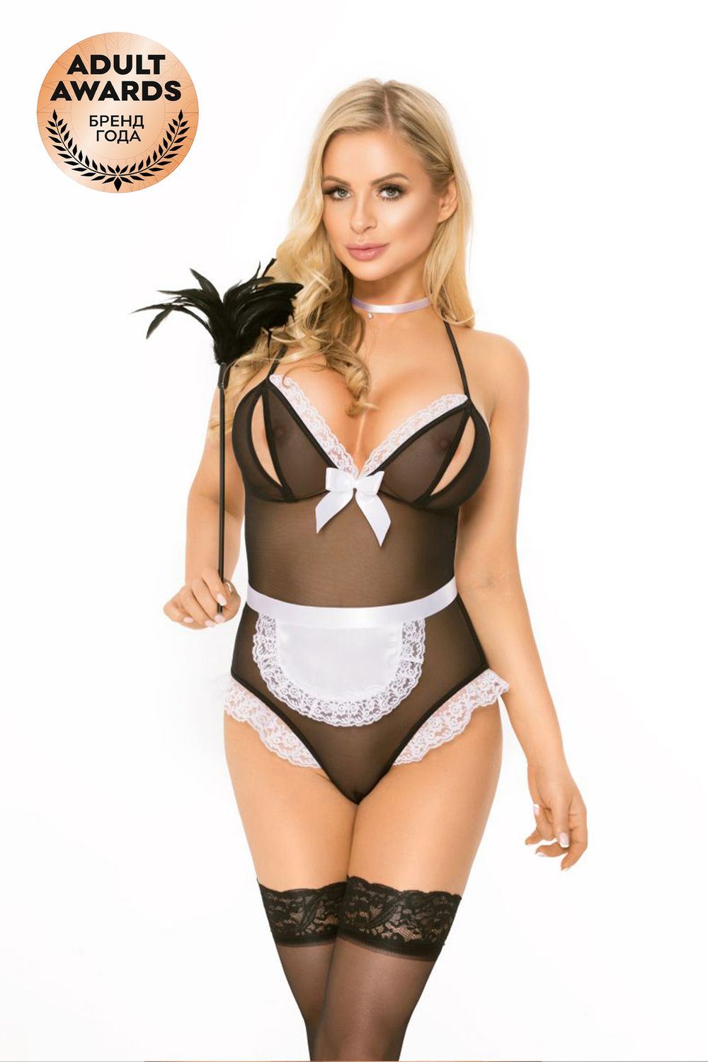 Костюм горничной Edna боди, повязка на шею черный M/L