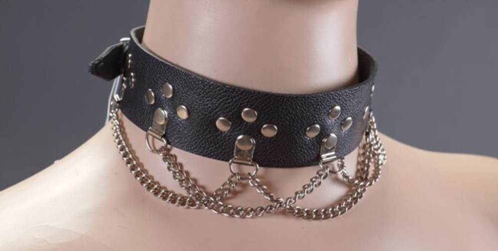 Ошейник узкий с цепочками без подкладки (Цвет: черный)
