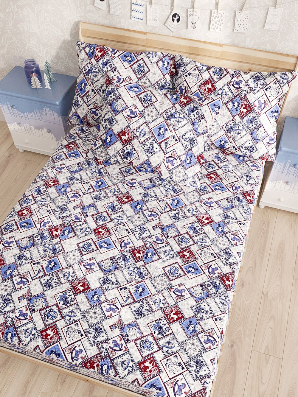 Постельное белье Сказка "Зимние картинки" 1,5-сп Наволочка 70х70 см 1 шт Простынь 150х215 см Пододеяльник 145х215 см, перкаль