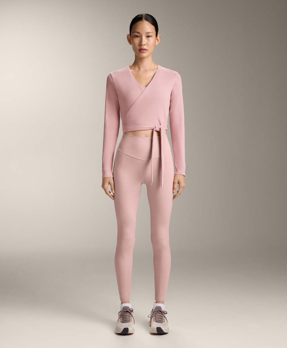 Oysho Футболка с длинными рукавами на запахе в рубчик, розовый