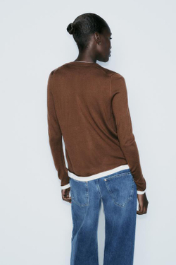 ZARA КАРДИГАН С КОНТРАСТНЫМИ КРОМКАМИ, КОРИЧНЕВЫЙ/ЭКРЮ