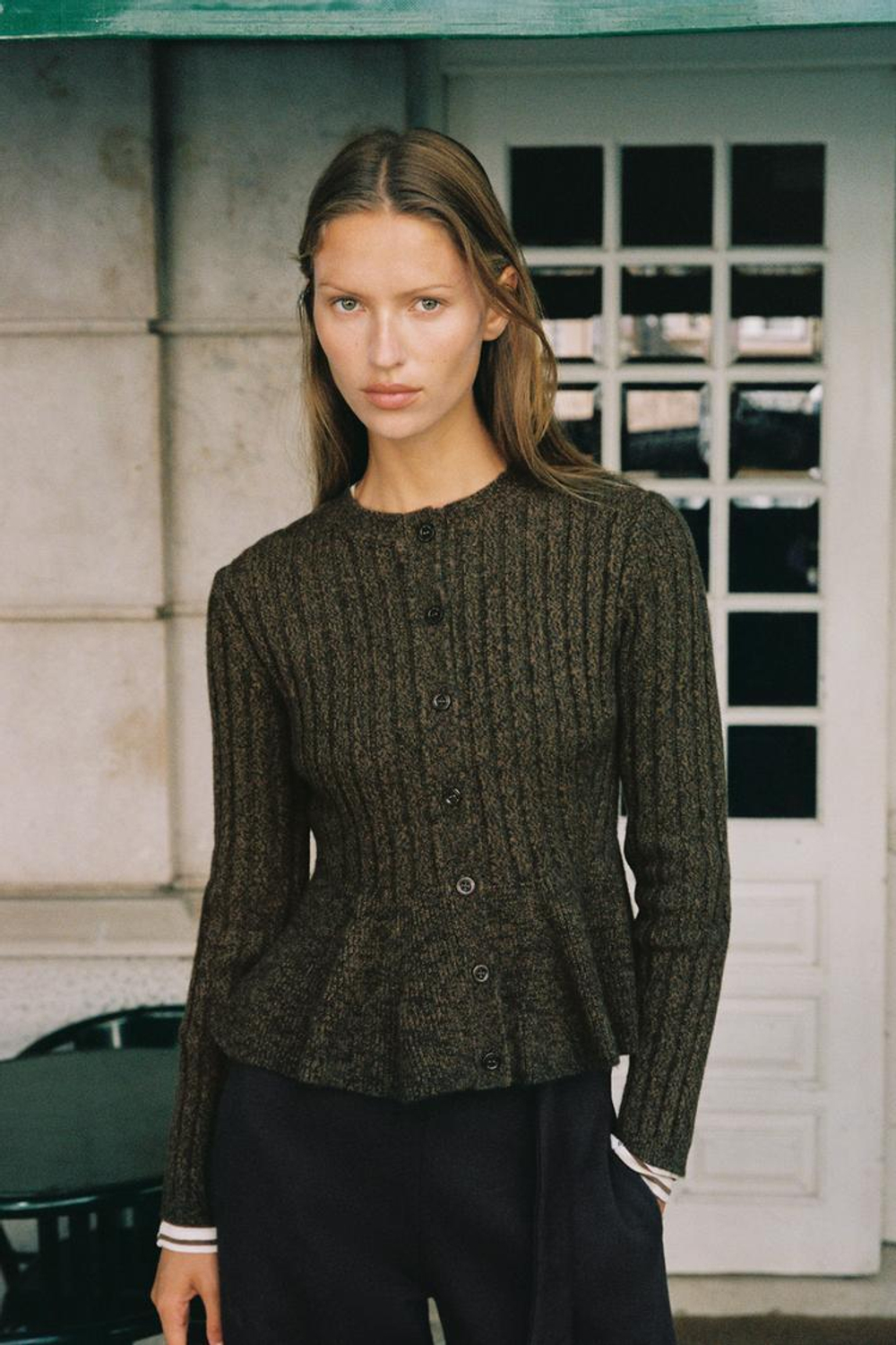 ZARА ВЯЗАНЫЙ КАРДИГАН В РУБЧИК С БАСКОЙ, ЗЕЛЕНЫЙ МЕЛАНЖ