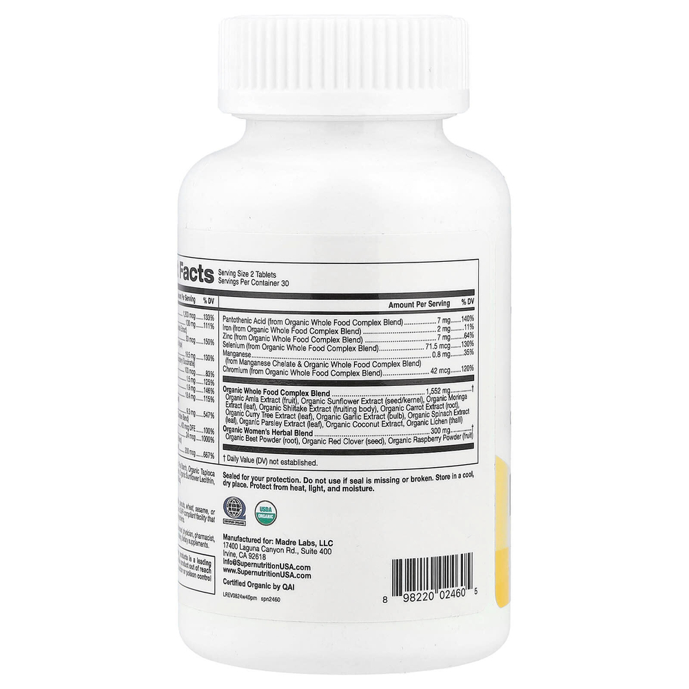 Super Nutrition, мультивитамины из органических цельных продуктов для женщин старше 40 лет, с экстрактами органической амлы, органического подсолнечника, органической моринги и органического шиитаке, 60 таблеток