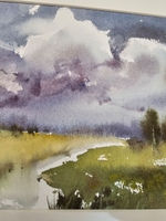 Картина акварельная авторская в паспарту 21х30 см на стену для интерьера "Летний пейзаж"