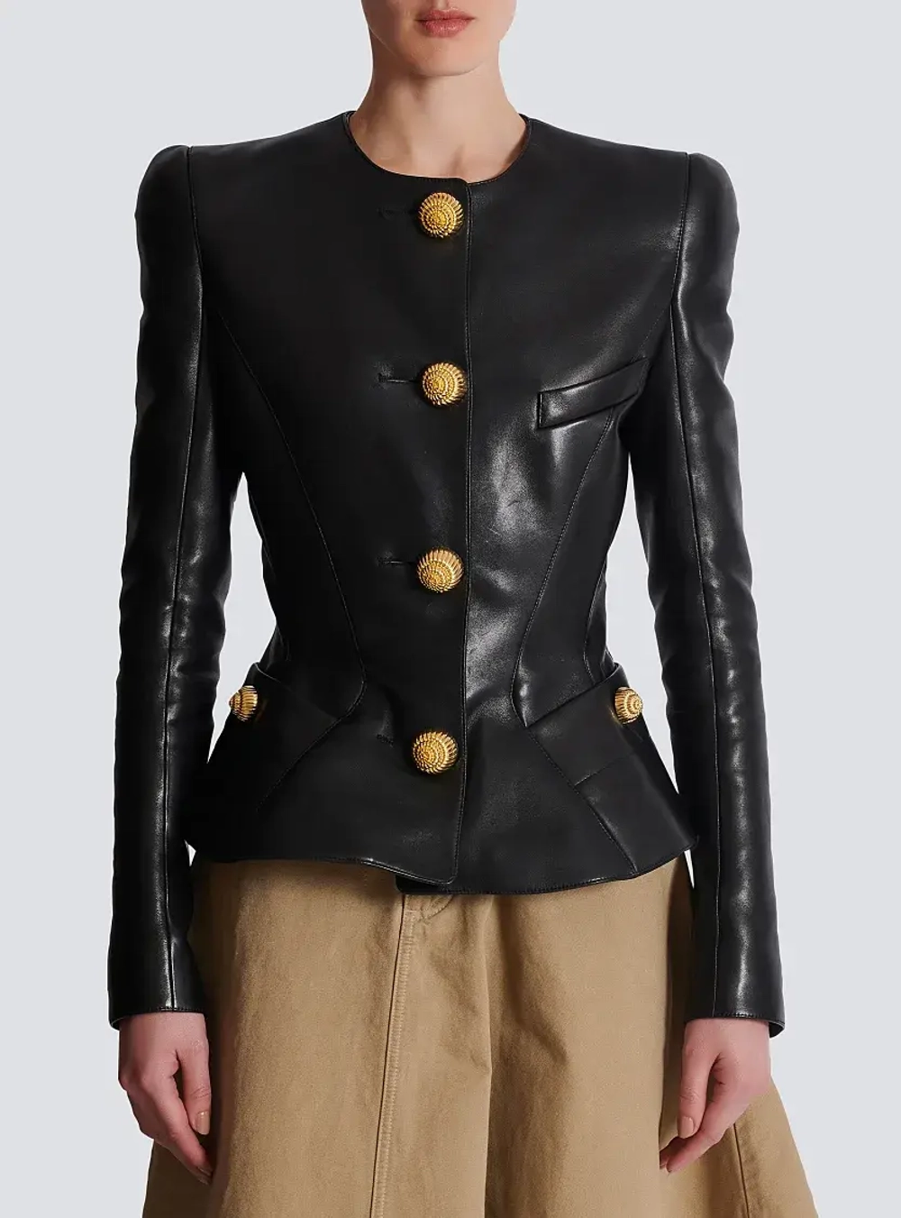 Куртка-пеплум из кожи ягнёнка от Balmain