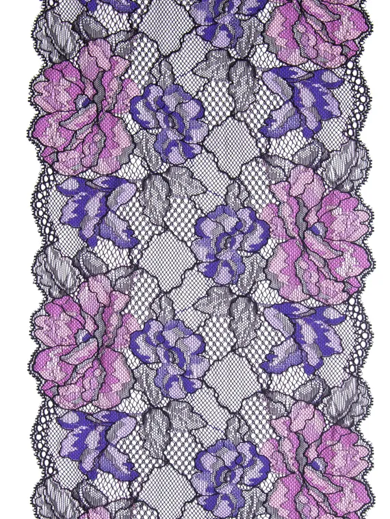 303 Кружево эластичное 19,5 см, Италия, черный/лиловый/фиолет