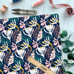 Ткань ниагара разноцветные водоросли на синем фоне