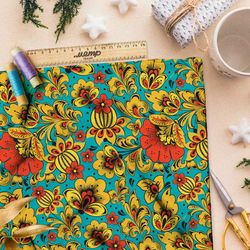 Ткань дюспо хохлома из маков и кактусов на бирюзовом фоне
