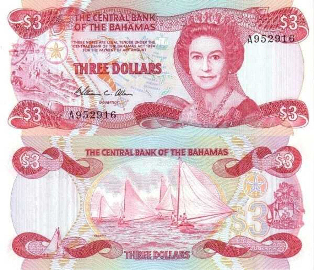 Багамы 3 доллара 1974 Парусные лодки UNC