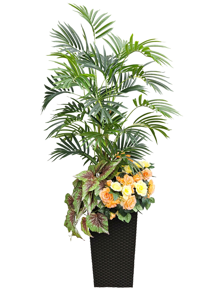 Композиция Интерьерная с желто-оранжевыми розами 150см в кашпо ротанг 51см