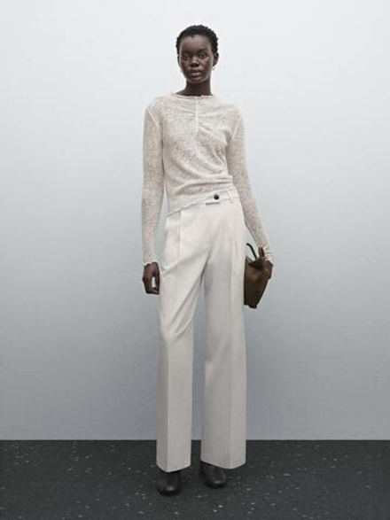 Massimo Dutti Широкие брюки из смесового хлопка со складками, натуральный, кремовый