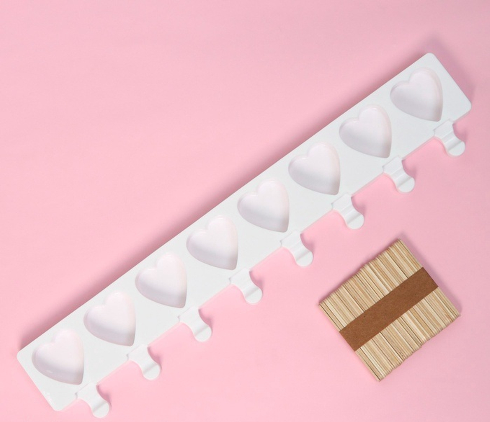 Силиконовая форма для мороженого и леденцов с палочками "Сердца" 49*6,5см