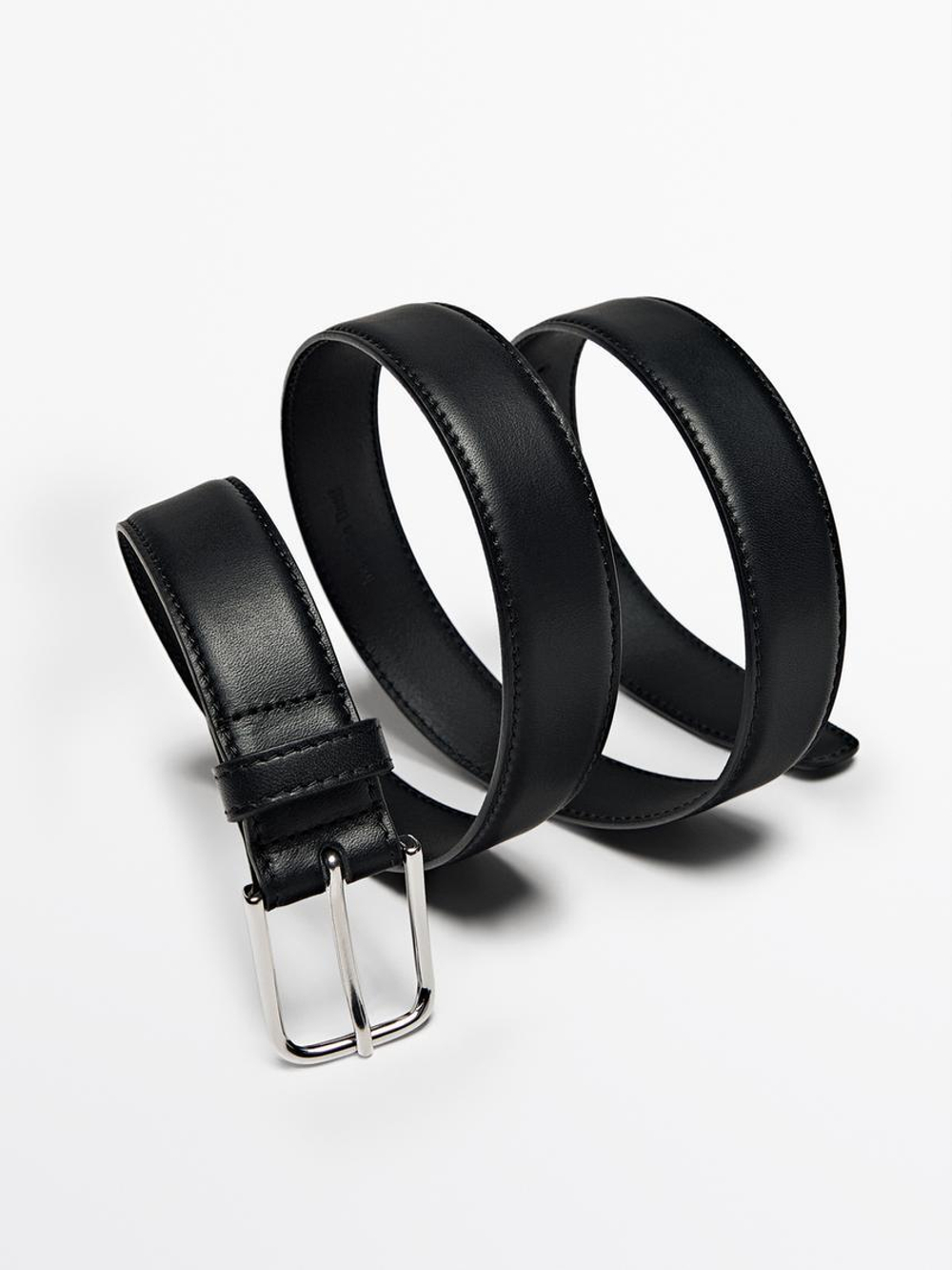 Massimo Dutti Ремень из кожи наппа с декоративной строчкой, черный