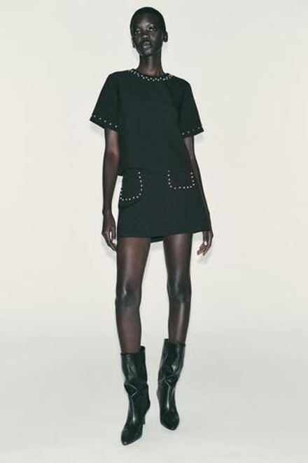 ZARA МИНИ-ЮБКА С БУСИНАМИ, ЧЕРНЫЙ