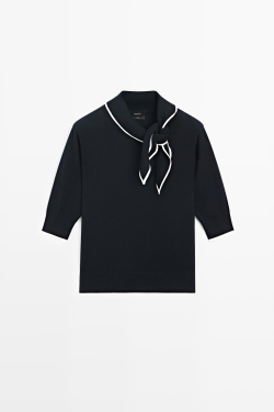Massimo Dutti Хлопковый джемпер с декоративным бантом, темно-синий