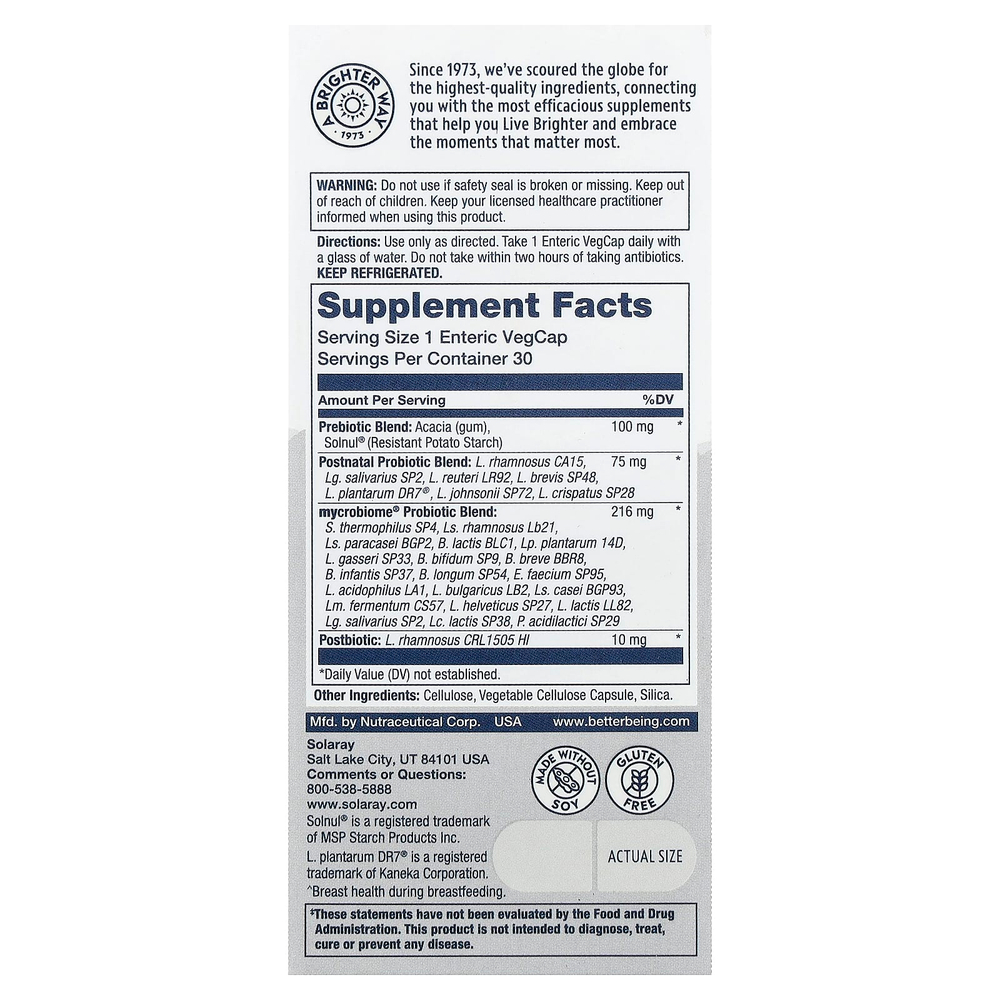 Solaray, Mycrobiome®, полноценный пробиотик, для послеродового периода, 30 растительных капсул