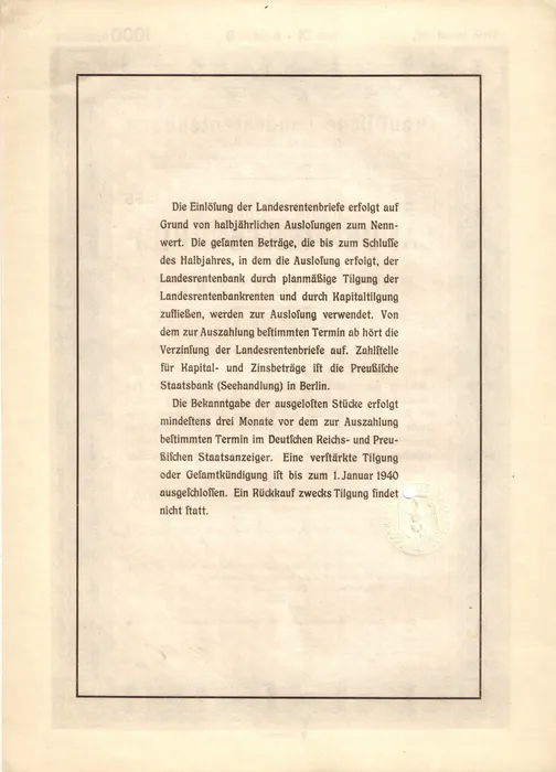 Облигация 1 000 рейхсмарок Германия (Третий рейх, Прусский государственный пенсионный банк)