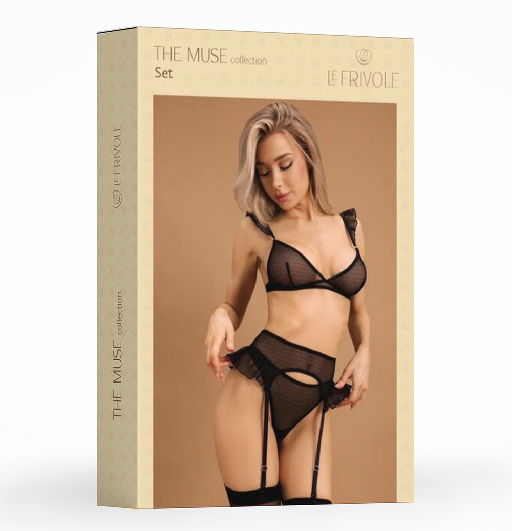 Комплект с крылышками лиф трусики и пояс для чулок черный S/M