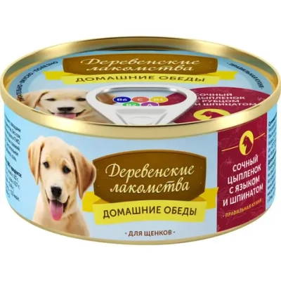 Деревенские лакомства консервы домашние обеды для щенков сочный цыпленок с языком и шпинатом 100 г