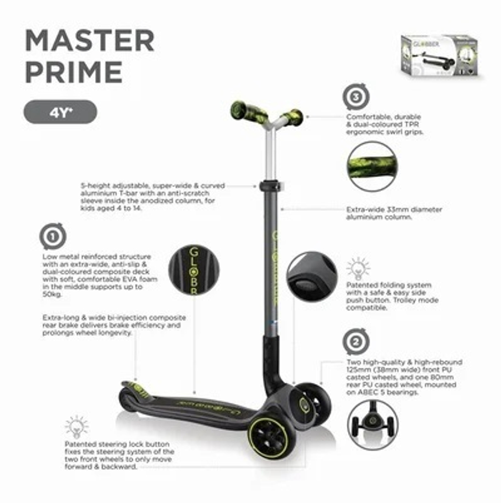 Детский трехколесный самокат Globber Master Prime, Зеленый зеленый