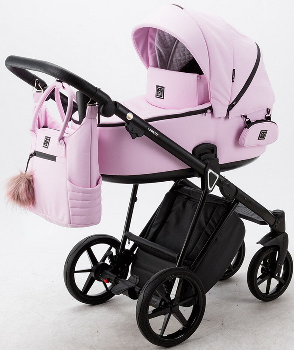 Детская коляска Adamex Porto Deluxe 3 в 1 PO-SA16 (РОЗОВ.ЗЕФИР КОЖА)
