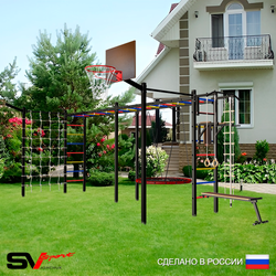 Уличная шведская стенка Sv Sport рукоход х 2 с комплектом турник прямой 2шт У52677.1К (Турник/Брусья/Скамья/Гнездо 100см/Щит баскет/Кронш бокс/Канат/кольца/лестница/Сетка)