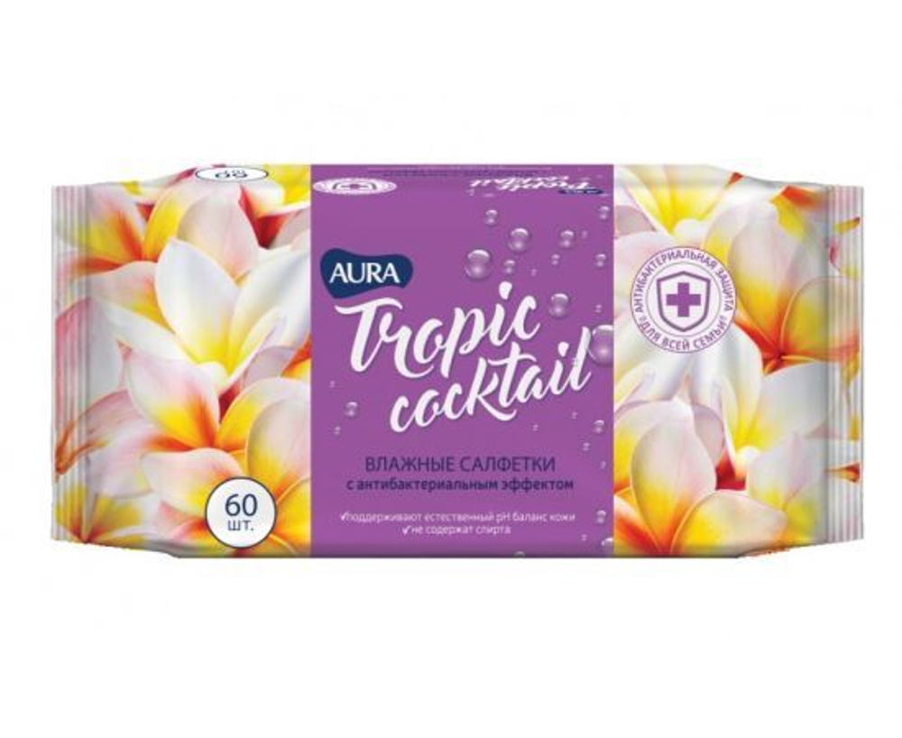 Влажные салфетки Aura Tropic Cocktail Antibacterial, с антибактериальным эффектом, эвкалипт, 60 шт