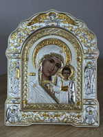 Казанская БМ, икона арочная с рамкой под стеклом, белое дерево 266х335