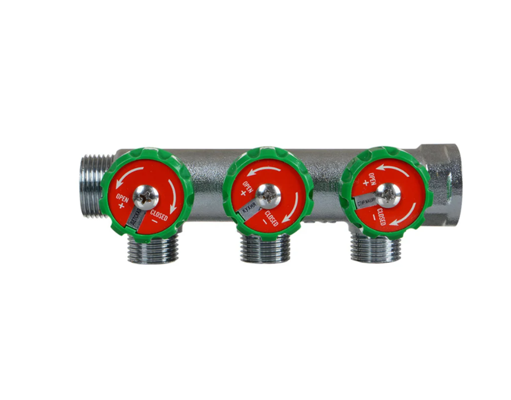 Латунный коллектор Terma 3/4" в/н с 3-мя вент.кранами на 1/2" (нар.резьбы) с выходами под 90 град (14020) 18575
