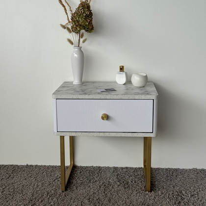 Тумба прикроватная на ножках ROYAL 5301 эко (Мрамор Каррара-Золото-р.золото)