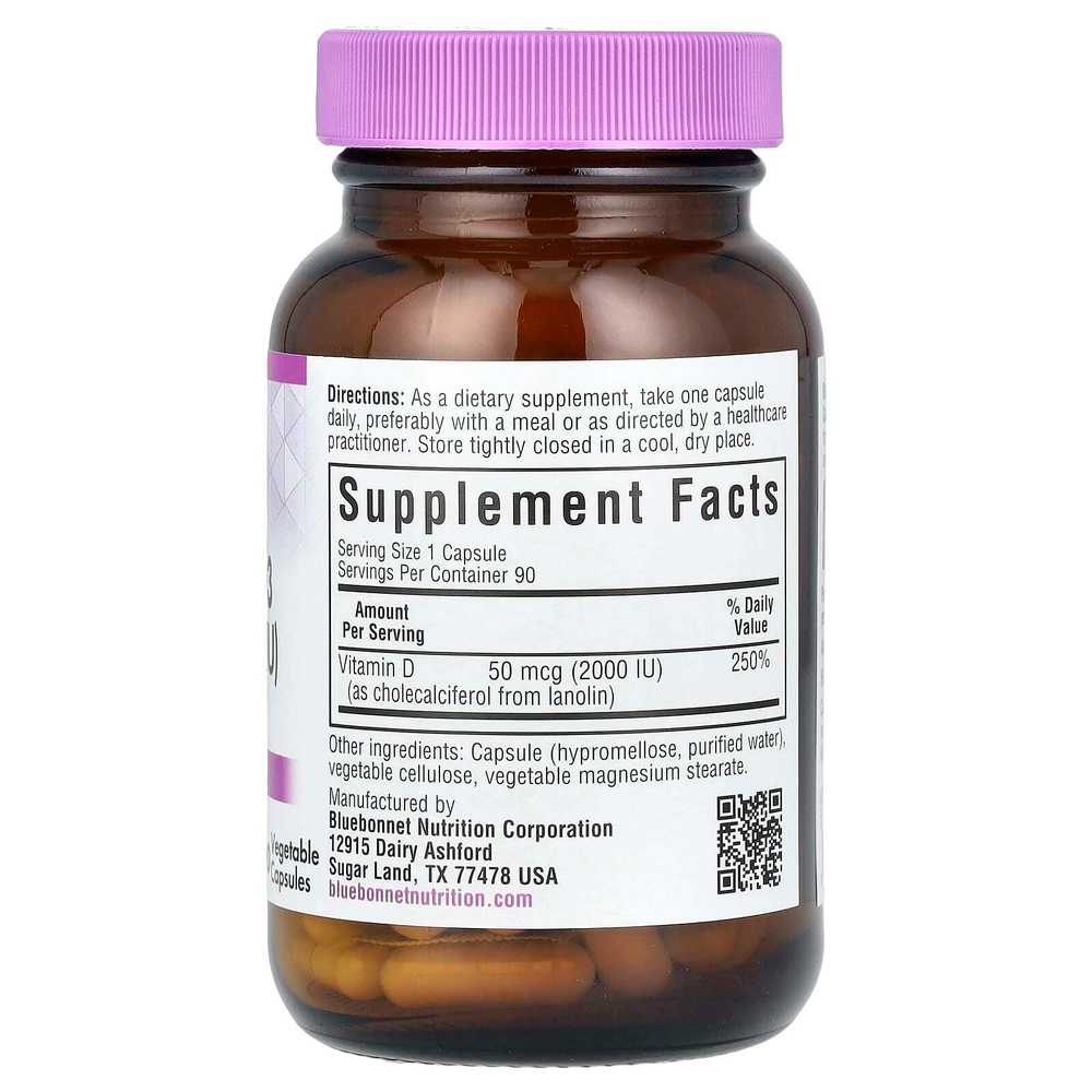 Bluebonnet Nutrition, витамин D3, 50 мкг (2000 МЕ), 90 растительных капсул