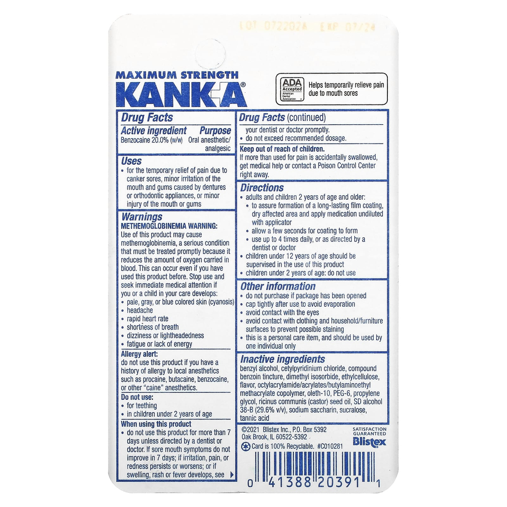 Blistex, Kank-A, жидкость для снятия боли во рту, 9,75 мл (0,33 жидк. унц.)