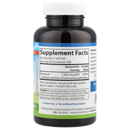 Carlson, витамин A, 7500 мкг RAE (25 000 МЕ), 250 мягких таблеток