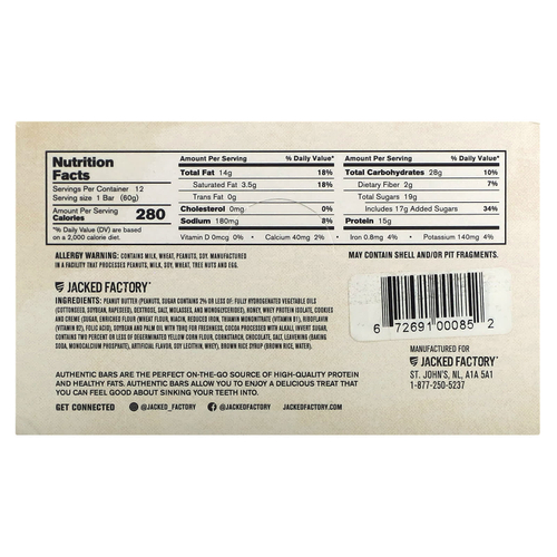 Jacked Factory, Authentic Bar, протеиновый батончик, крошка из печенья, 12 батончиков, 60 г (2,12 унции)