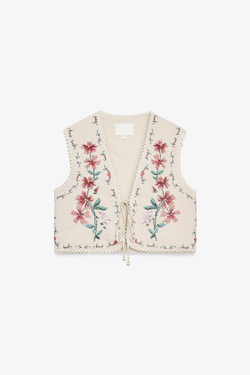 ZARA ХЛОПКОВЫЙ ЖИЛЕТ С ВЫШИВКОЙ «ЦВЕТЫ», ЭКРЮ