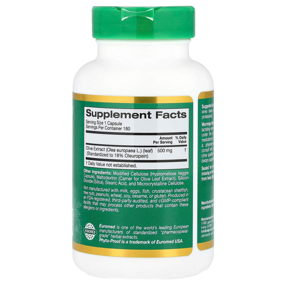 California Gold Nutrition, EuroHerbs™, экстракт листьев оливкового дерева, качество Euromed, 500 мг, 180 растительных капсул