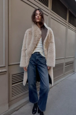 ZARA ДВУСТОРОННЕЕ ПАЛЬТО ИЗ ИСКУССТВЕННОГО МЕХА, СЕРО-КОРИЧНЕВЫЙ