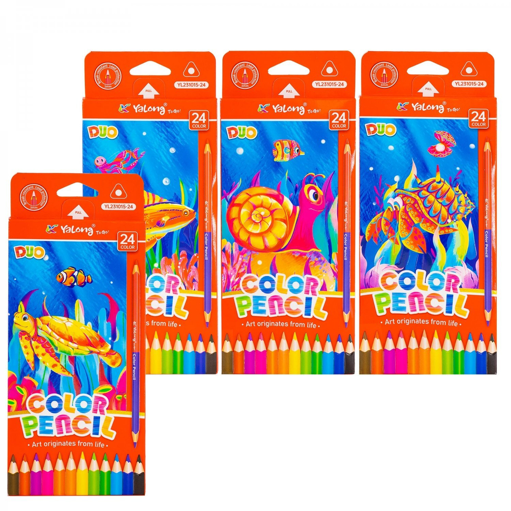 Карандаши цветные двусторонние Yalong 12/24 цв., "Аквариум" деревянные, трехгранные, заточенные, грифель 3.0 мм, картон. уп., европодвес